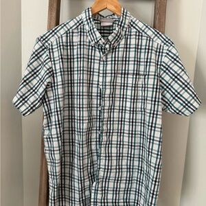 Columbia Men's Green and White Plaid Short Sleeve Shirt
